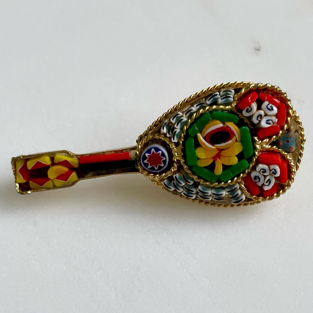 Italian Vintage micro Mosaic guitar banjo shaped brooch Red, Green, Yellow, Gold